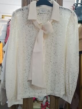 Chocolate Ivory Lace Tie-Neck Blouse